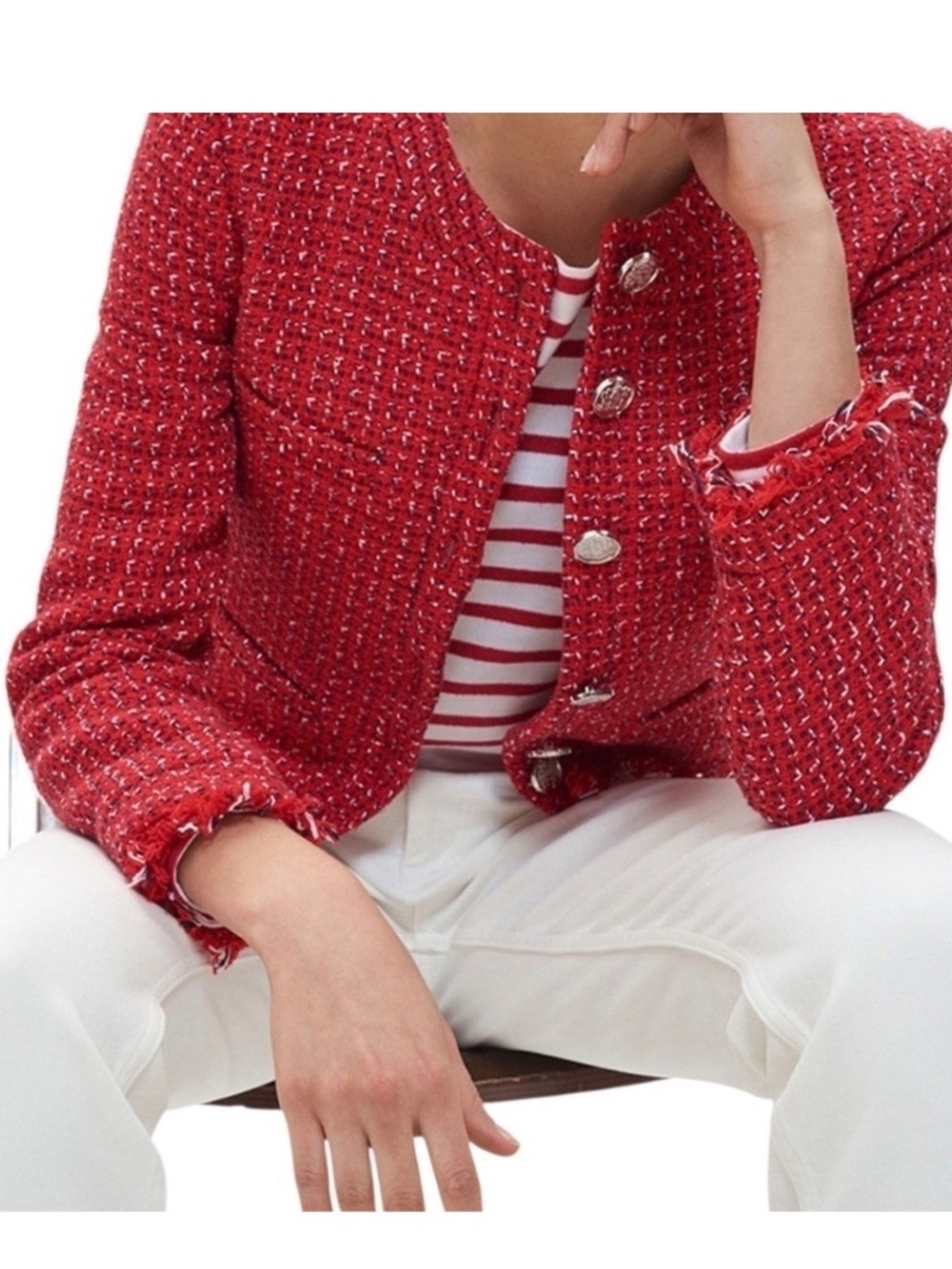 Claudie Pierlot Paris Red Tweed Boucle Fringe Jacket Blazer Size 8 NWT - Picture 15 of 15